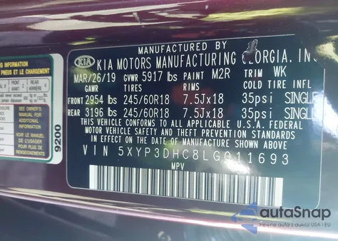 2020 Kia Telluride Ex z USA, uszkodzony, nr VIN 5XYP3DHC8LG011693